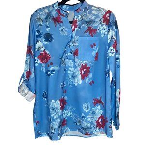 Floral Blue Half Button Roll Tab Sleeve Top Women  XXL